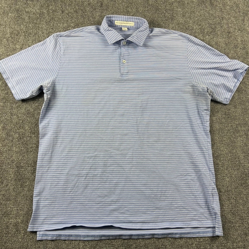 Holderness & Bourne Polo Shirt Mens XL Blue Striped Pima Cotton Tailored Fit